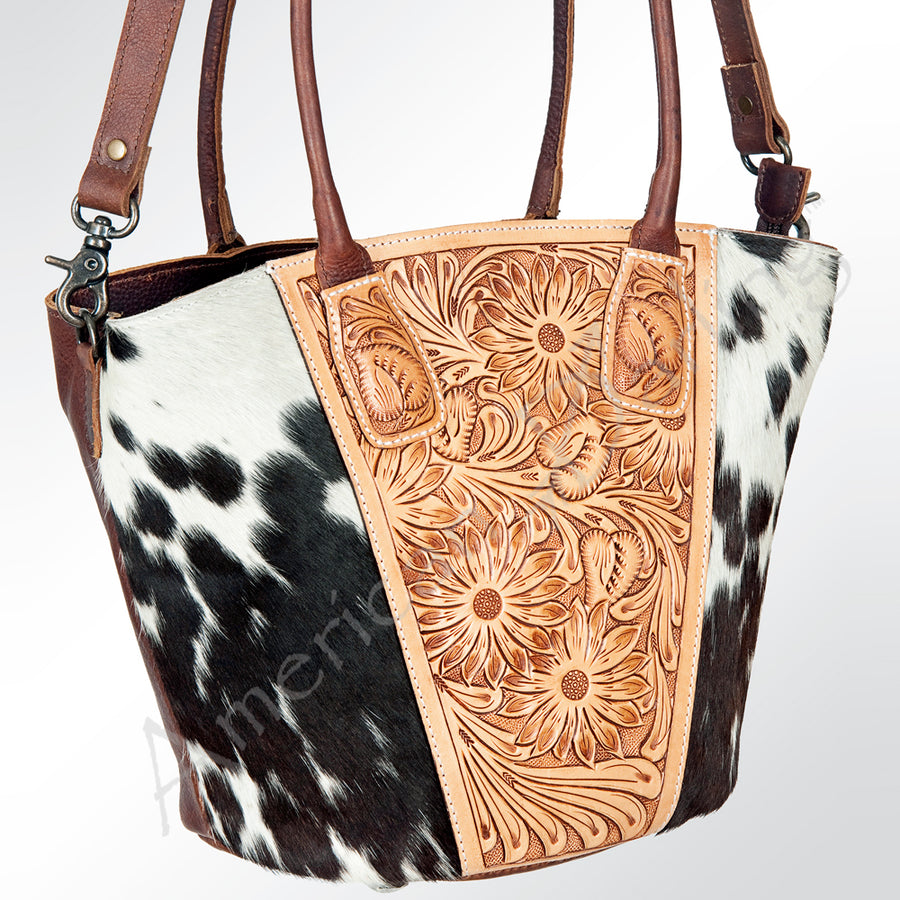 American Darling Hand Tooled Floral and Hair-On Cowhide Western Leather Hobo Bag - Uhorse