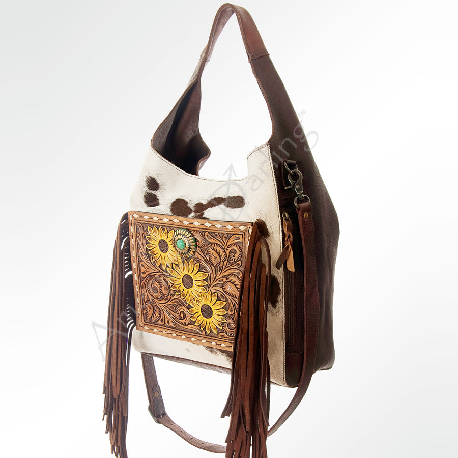 American Darling Hand Tooled Floral and Cowhide Western Leather Hobo Bag with Fringes - Hilason