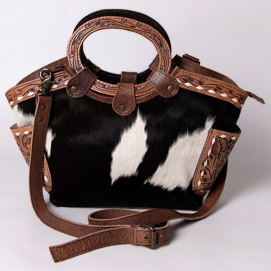 American Darling Cross body Bag Hair-On Cowhide Genuine Leather Western Purse with Hand Tooled Floral Carved Trim
