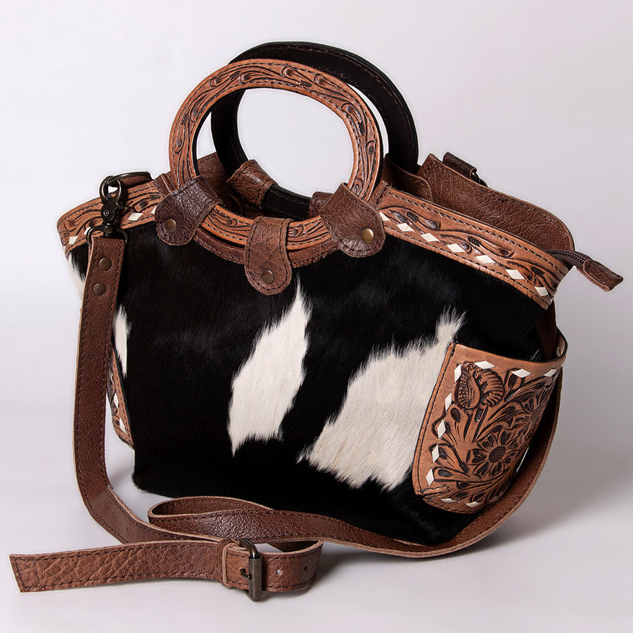 American Darling Hand Tooled Floral and Hair-On Cowhide Western Cross body Bag - Uhorse