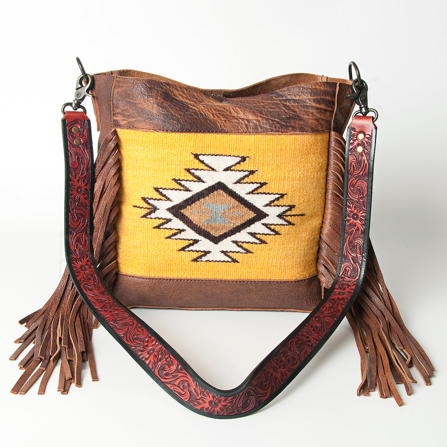 American Darling Messenger Bag Hand Tooled Floral Carved Saddle Blanket Leather Western Bag with Fringes & YKK Zipper