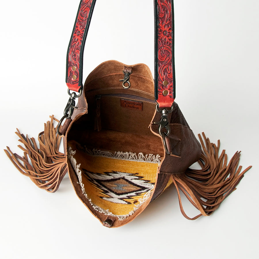 American Darling Messenger Bag Hand Tooled Floral Carved Saddle Blanket Leather Western Bag with Fringes & YKK Zipper