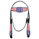 HILASON Western Horse American Leather Headstall and Breast Collar Set Black US Flag | Headstall Bridle for Horses Western | Horse Headstall Bridle | Western Headstalls Bridle for Horses