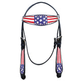 HILASON Western Horse American Leather Headstall & Breast Collar Set Black US Flag