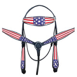 HILASON Western Horse American Leather Headstall and Breast Collar Set Black US Flag | Headstall Bridle for Horses Western | Horse Headstall Bridle | Western Headstalls Bridle for Horses