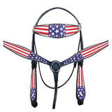 HILASON Western Horse American Leather Headstall & Breast Collar Set Black US Flag