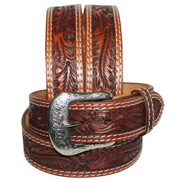 Brown leather western belt with tooled design and silver buckle - Uhorse