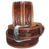 Brown leather western belt with tooled design and silver buckle - Uhorse