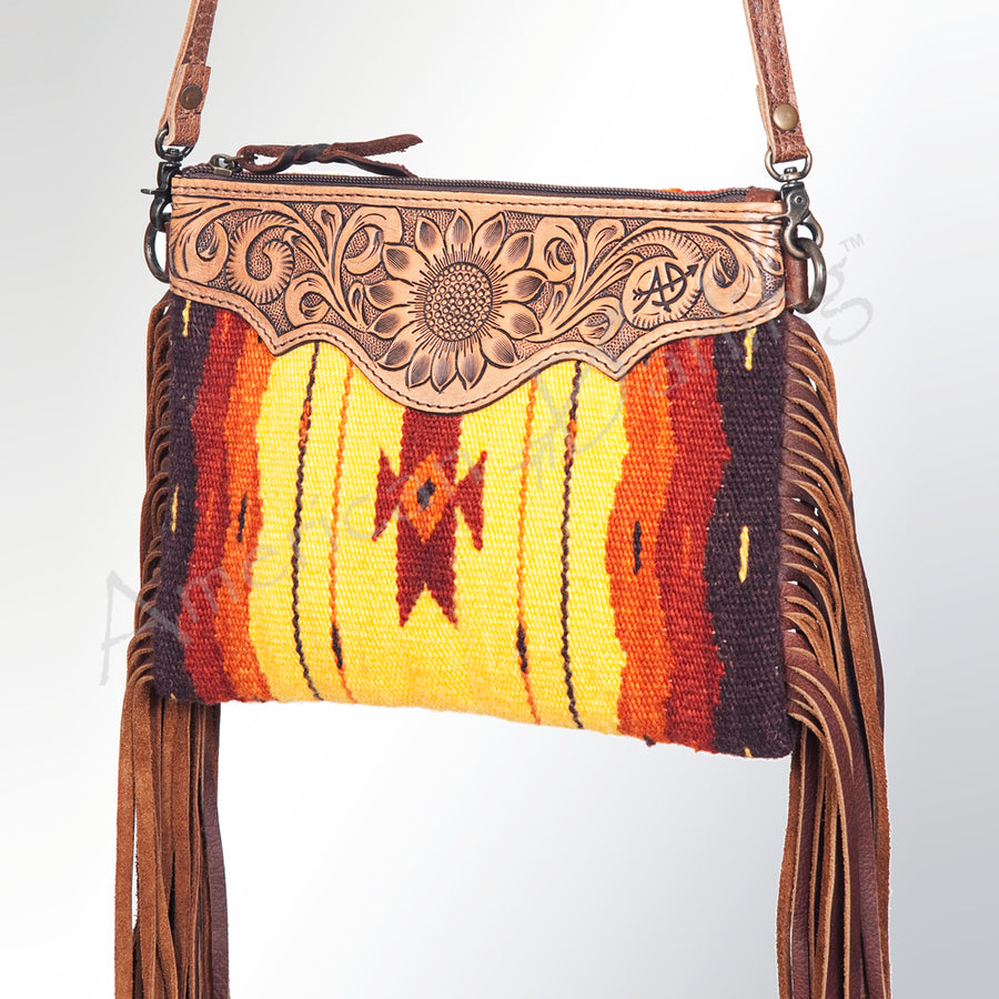 American Darling Hand-Tooled Floral Cross body Bag with Woven Saddle Blanket and Fringes - Uhorse