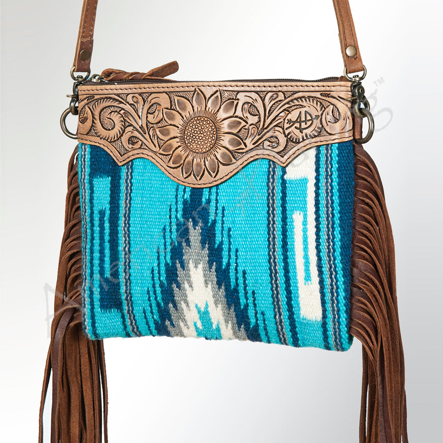 American Darling Hand-Tooled Floral Cross body Bag with Woven Saddle Blanket and Fringes - Uhorse
