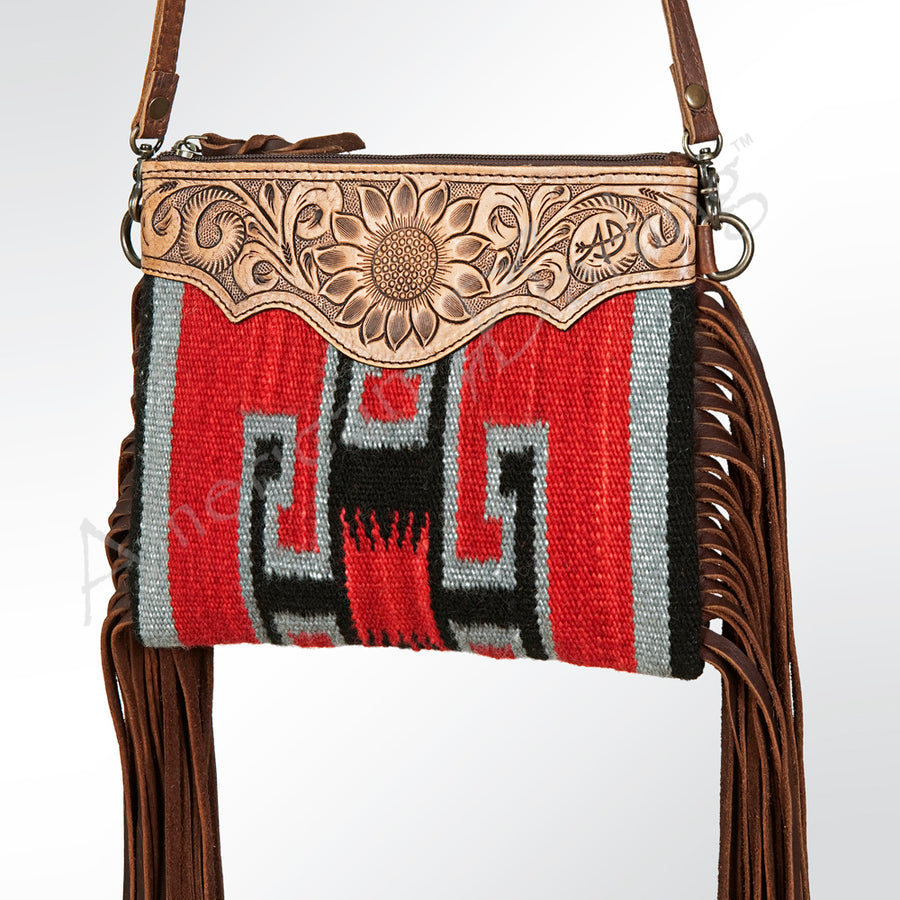 American Darling Hand-Tooled Floral Cross body Bag with Woven Saddle Blanket and Fringes - Uhorse