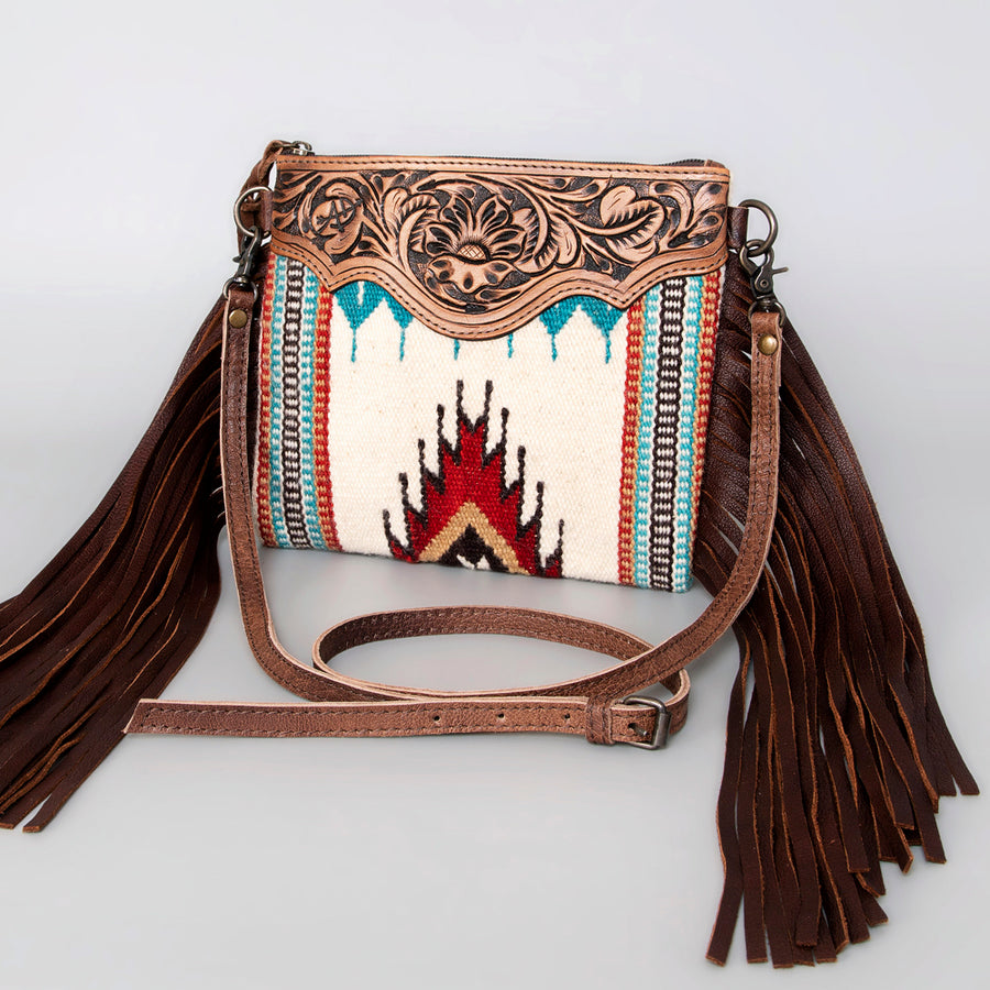 American Darling Hand-Tooled Floral Cross body Bag with Woven Saddle Blanket and Fringes - Uhorse