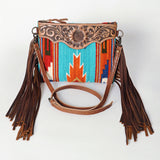 American Darling Western Cross body Bag Hand Tooled Floral Leather & Hand Woven Saddle Blanket with Fringes