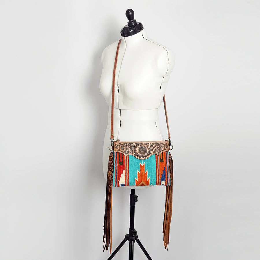 American Darling Western Cross body Bag Hand Tooled Floral Leather & Hand Woven Saddle Blanket with Fringes