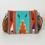 American Darling Western Cross body Bag Hand Tooled Floral Leather & Hand Woven Saddle Blanket with Fringes