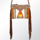 American Darling Western Cross body Bag Hand Tooled Floral Leather & Hand Woven Saddle Blanket with Fringes