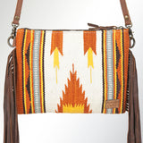 American Darling Western Cross body Bag Hand Tooled Floral Leather & Hand Woven Saddle Blanket with Fringes