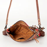 American Darling Western Cross body Bag Hand Tooled Floral Leather & Hand Woven Saddle Blanket with Fringes