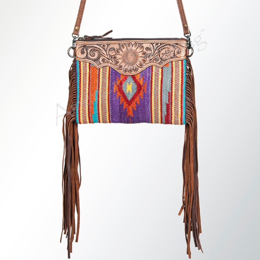 American Darling Western Cross body Bag Hand Tooled Floral Leather & Hand Woven Saddle Blanket with Fringes