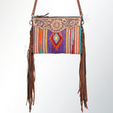 American Darling Western Cross body Bag Hand Tooled Floral Leather & Hand Woven Saddle Blanket with Fringes