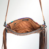 American Darling Western Cross body Bag Hand Tooled Floral Leather & Hand Woven Saddle Blanket with Fringes