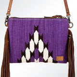 American Darling Western Cross body Bag Hand Tooled Floral Leather & Hand Woven Saddle Blanket with Fringes