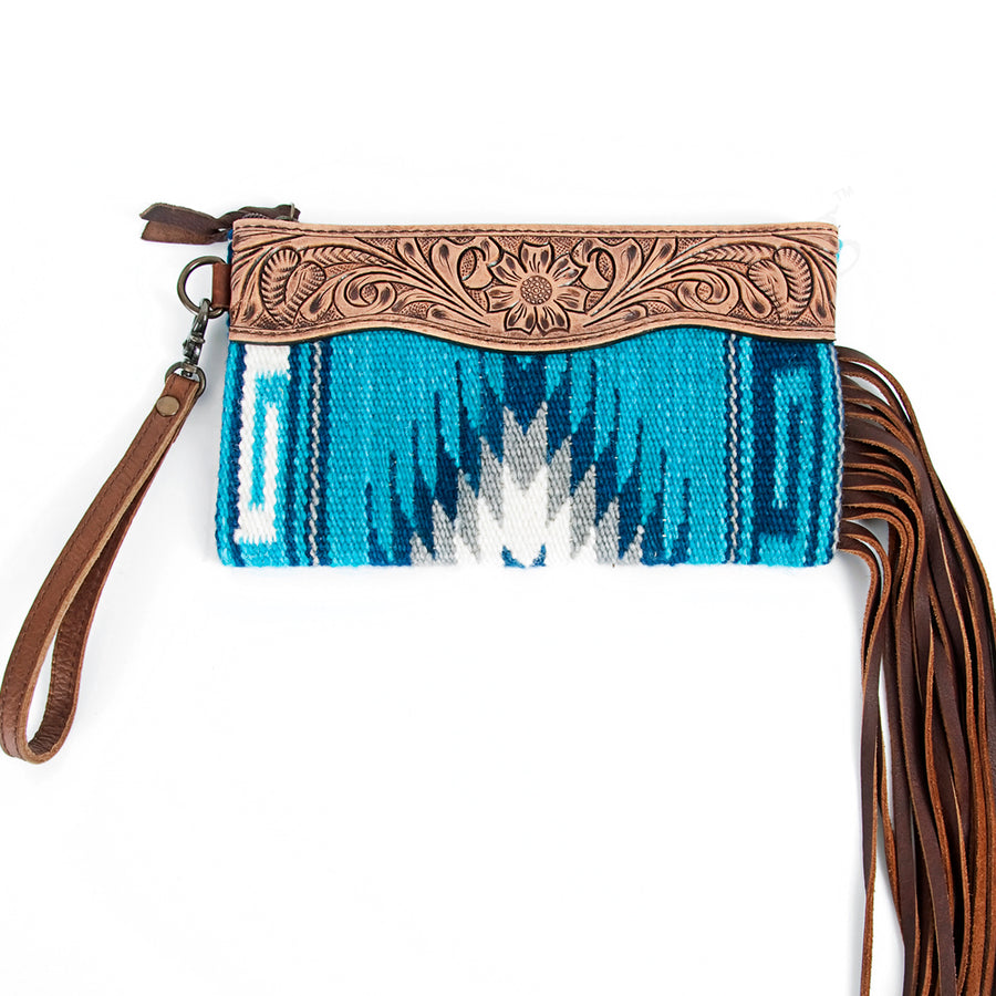 American Darling Western Leather Wristlet Bag with Hand Tooled Floral Carving and Saddle Blanket - Uhorse
