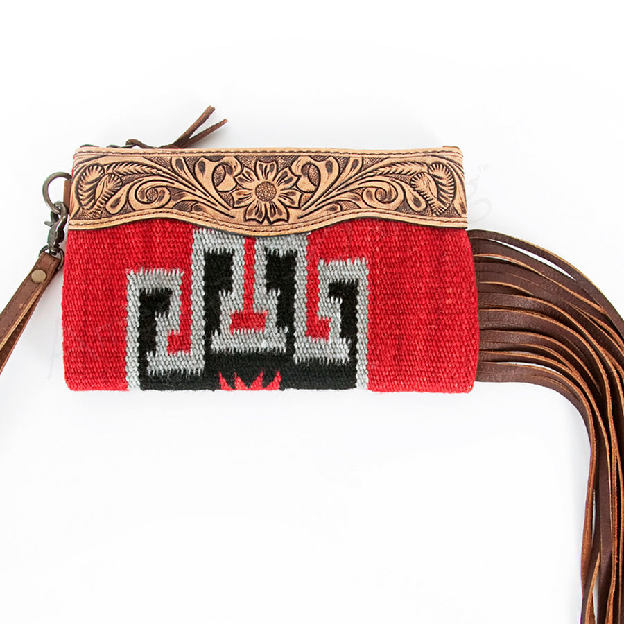 American Darling Western Leather Wristlet Bag with Hand Tooled Floral Carving and Saddle Blanket - Uhorse