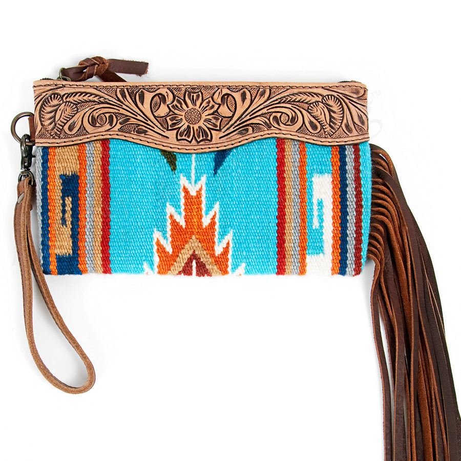 American Darling Western Leather Wristlet Bag with Hand Tooled Floral Carving and Saddle Blanket - Uhorse