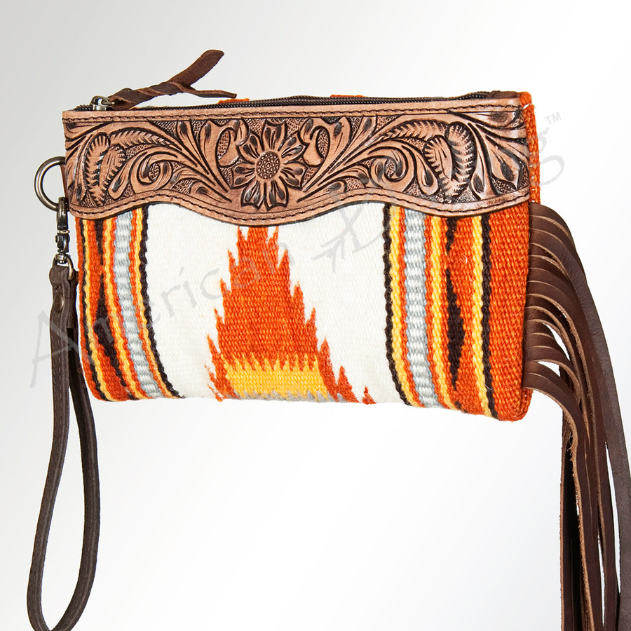 American Darling Western Leather Wristlet Bag with Hand Tooled Floral Carving and Saddle Blanket - Uhorse