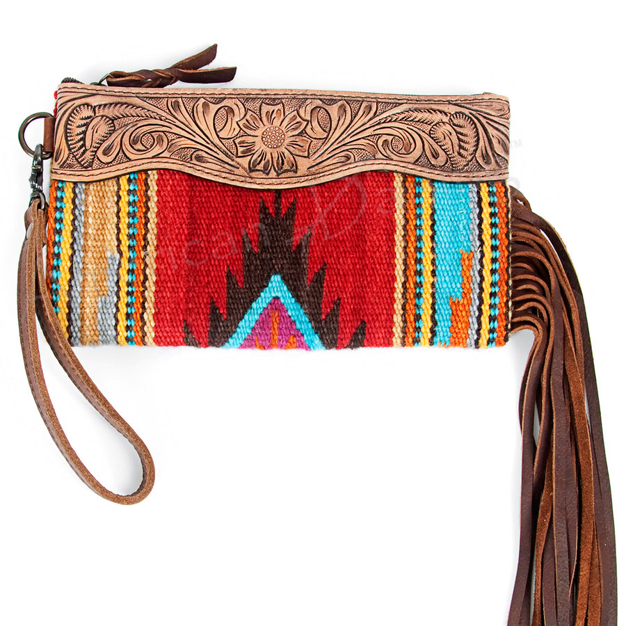 American Darling Western Leather Wristlet Bag with Hand Tooled Floral Carving and Saddle Blanket - Uhorse