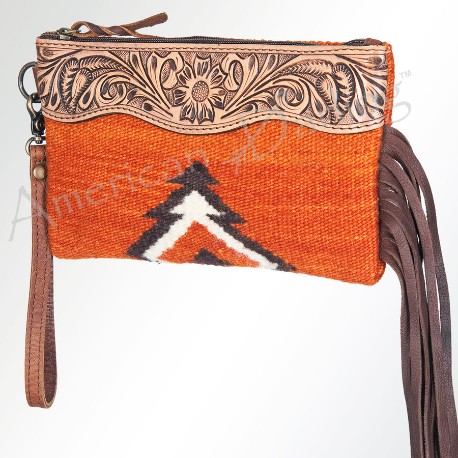 American Darling Western Leather Wristlet Bag with Hand Tooled Floral Carving and Saddle Blanket - Uhorse