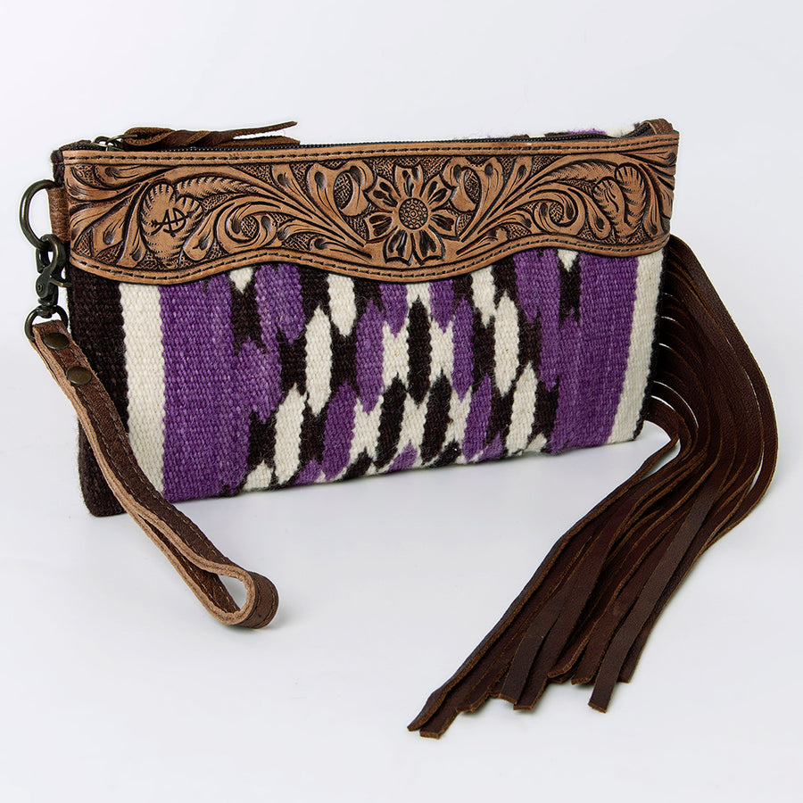 American Darling Western Leather Wristlet Bag with Hand Tooled Floral Carving and Saddle Blanket - Uhorse