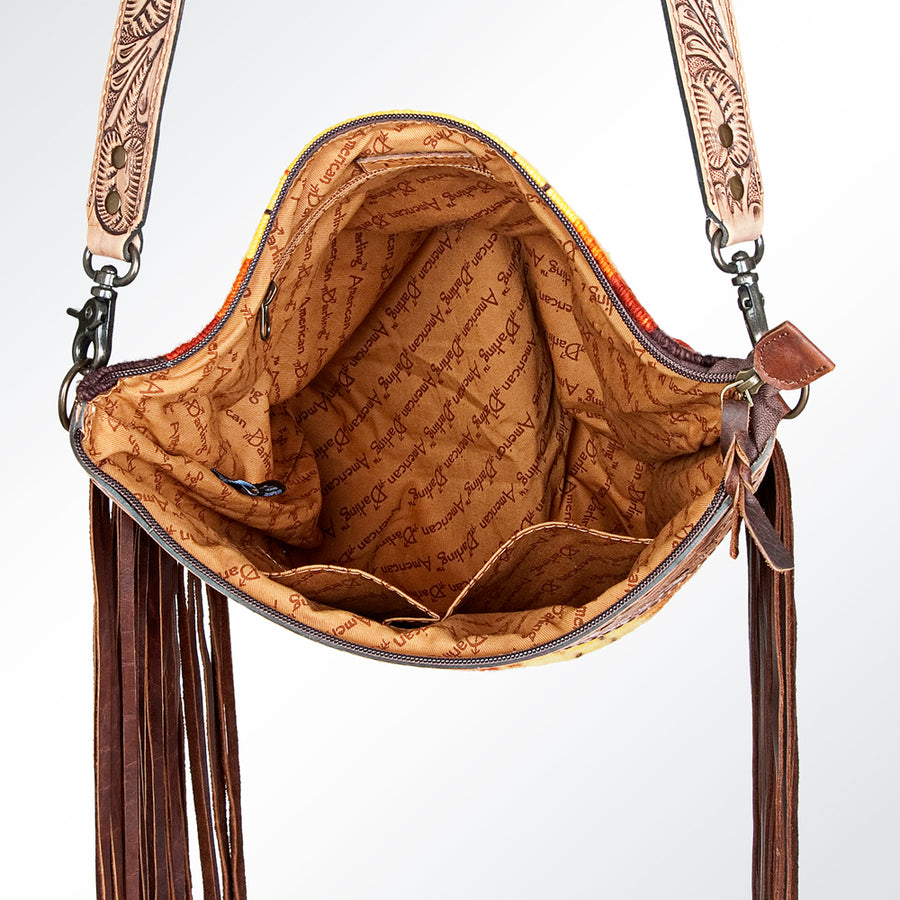 American Darling Signature Cross Body Bag Hand Tooled Floral Carved Leather Woven Saddle Blanket Fringes Genuine Leather