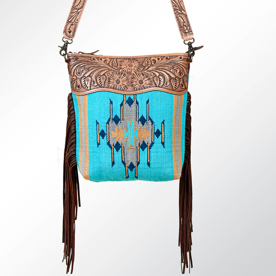 American Darling Signature Cross Body Bag Hand Tooled Floral Carved Leather Woven Saddle Blanket Fringes Genuine Leather