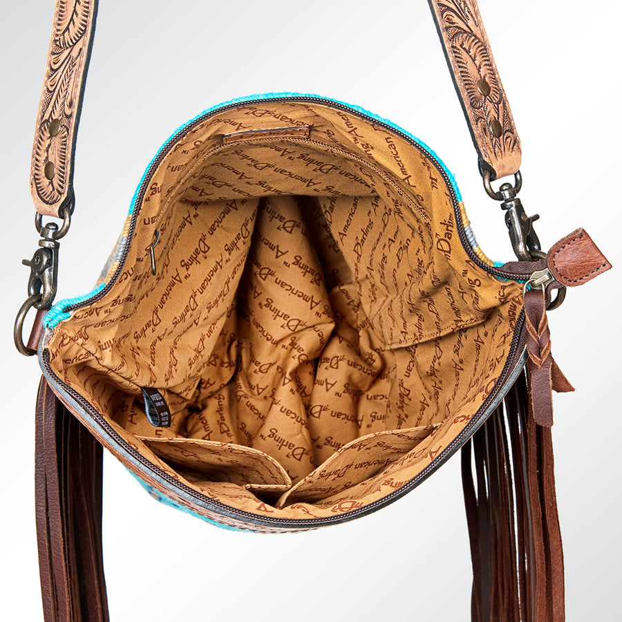 American Darling Signature Cross Body Bag Hand Tooled Floral Carved Leather Woven Saddle Blanket Fringes Genuine Leather