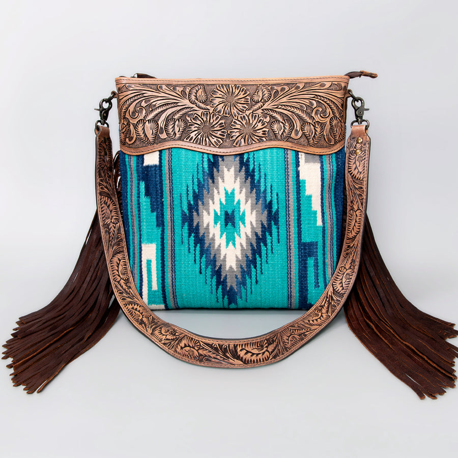 American Darling Signature Cross Body Bag Hand Tooled Floral Carved Leather Woven Saddle Blanket Fringes Genuine Leather