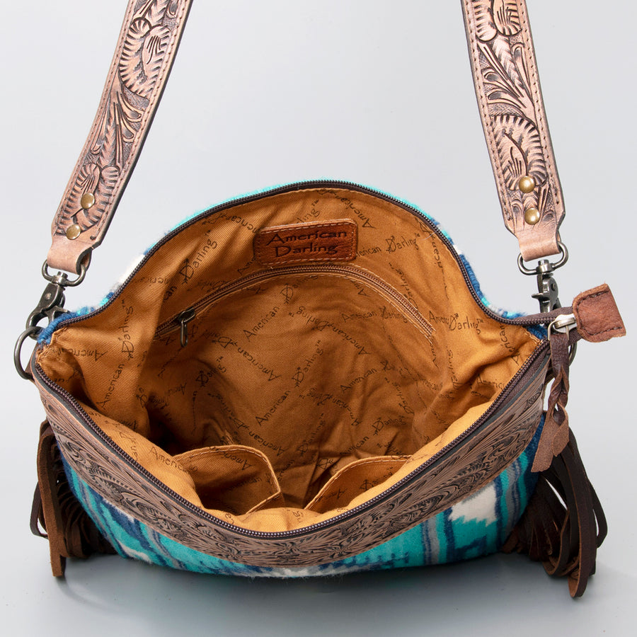American Darling Signature Cross Body Bag Hand Tooled Floral Carved Leather Woven Saddle Blanket Fringes Genuine Leather