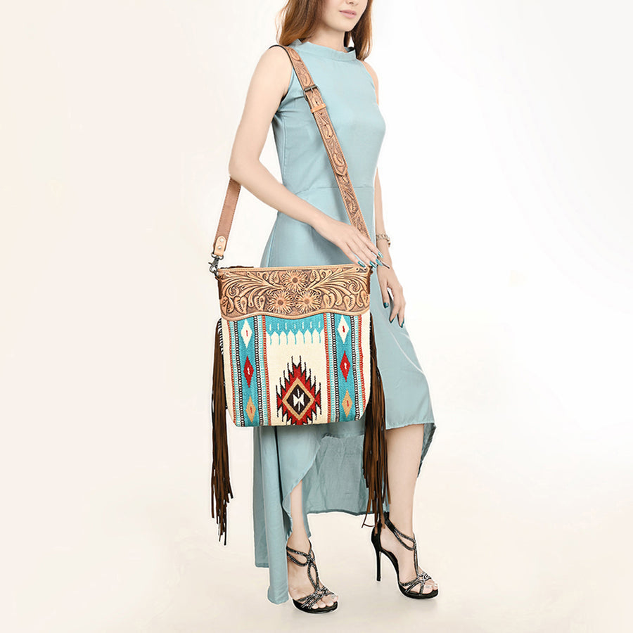 American Darling Signature Cross Body Bag Hand Tooled Floral Carved Leather Woven Saddle Blanket Fringes Genuine Leather