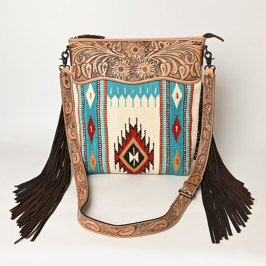 American Darling Signature Cross Body Bag Hand Tooled Floral Carved Leather Woven Saddle Blanket Fringes Genuine Leather