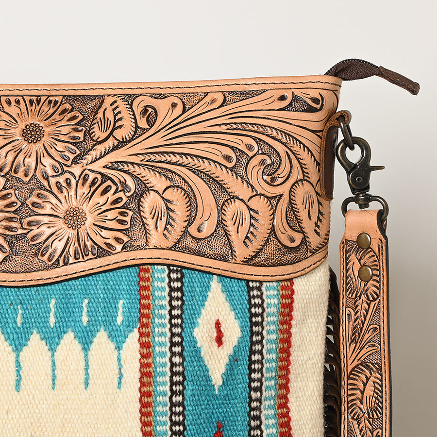 American Darling Signature Cross Body Bag Hand Tooled Floral Carved Leather Woven Saddle Blanket Fringes Genuine Leather