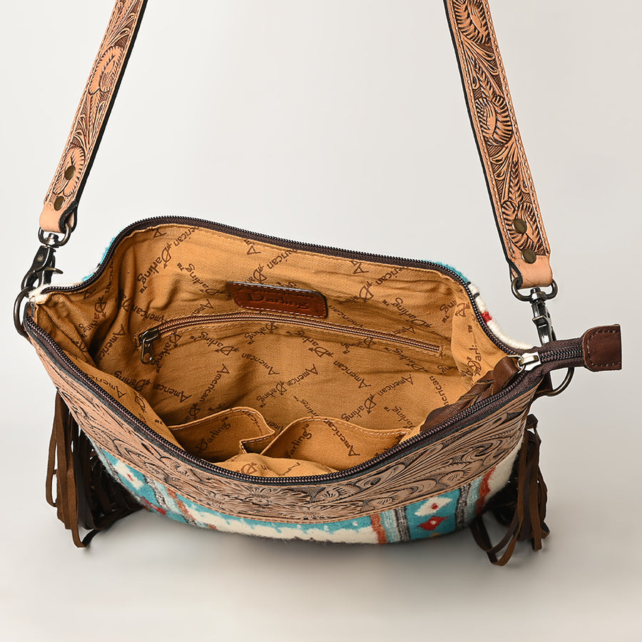 American Darling Signature Cross Body Bag Hand Tooled Floral Carved Leather Woven Saddle Blanket Fringes Genuine Leather