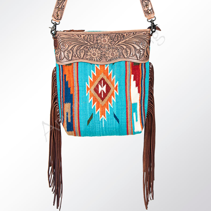 American Darling Signature Cross Body Bag Hand Tooled Floral Carved Leather Woven Saddle Blanket Fringes Genuine Leather