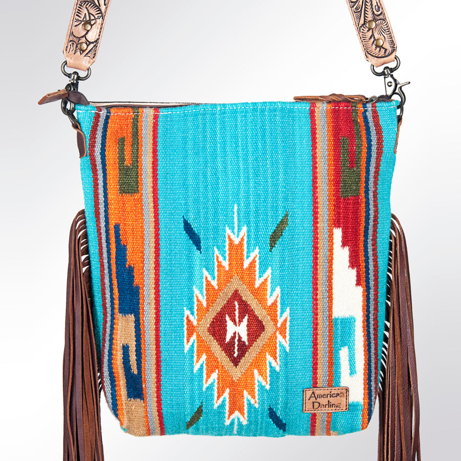 American Darling Signature Cross Body Bag Hand Tooled Floral Carved Leather Woven Saddle Blanket Fringes Genuine Leather