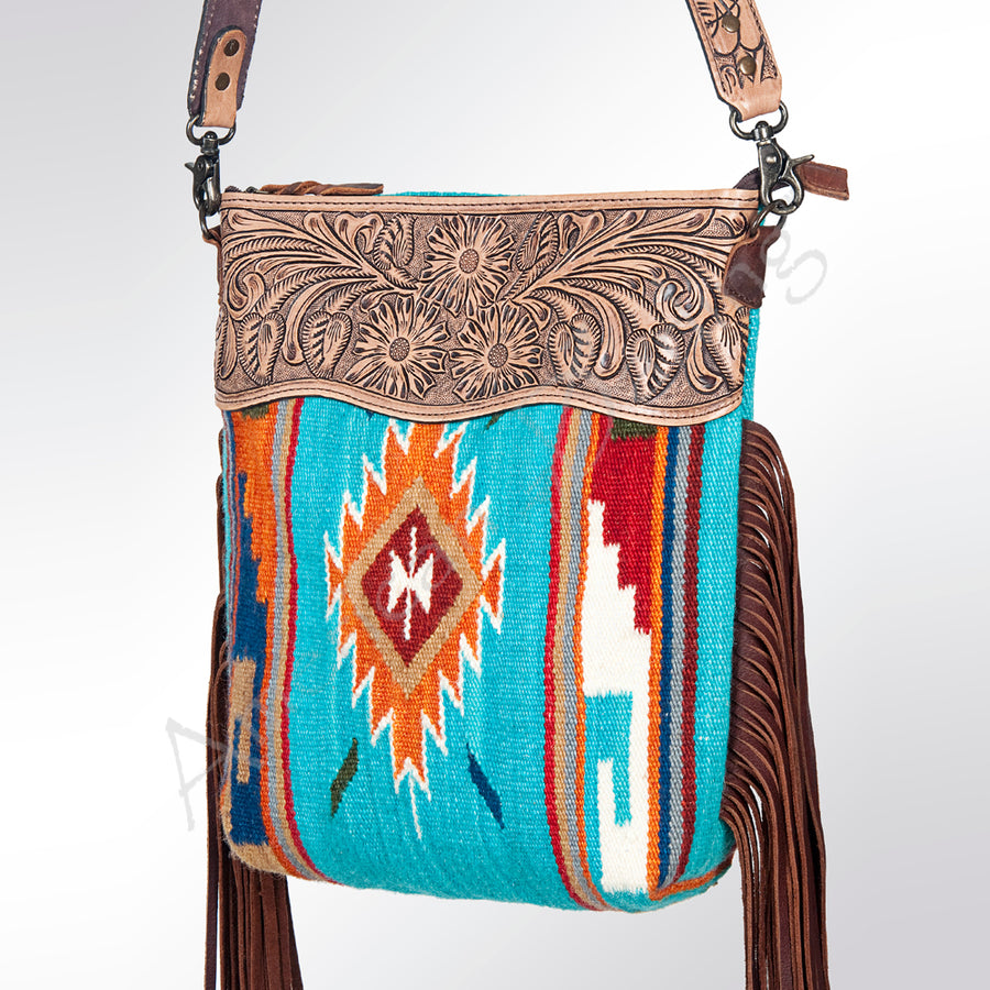 American Darling Hand Tooled Floral and Hand Woven Saddle Blanket Large Cross Body Bag - Uhorse