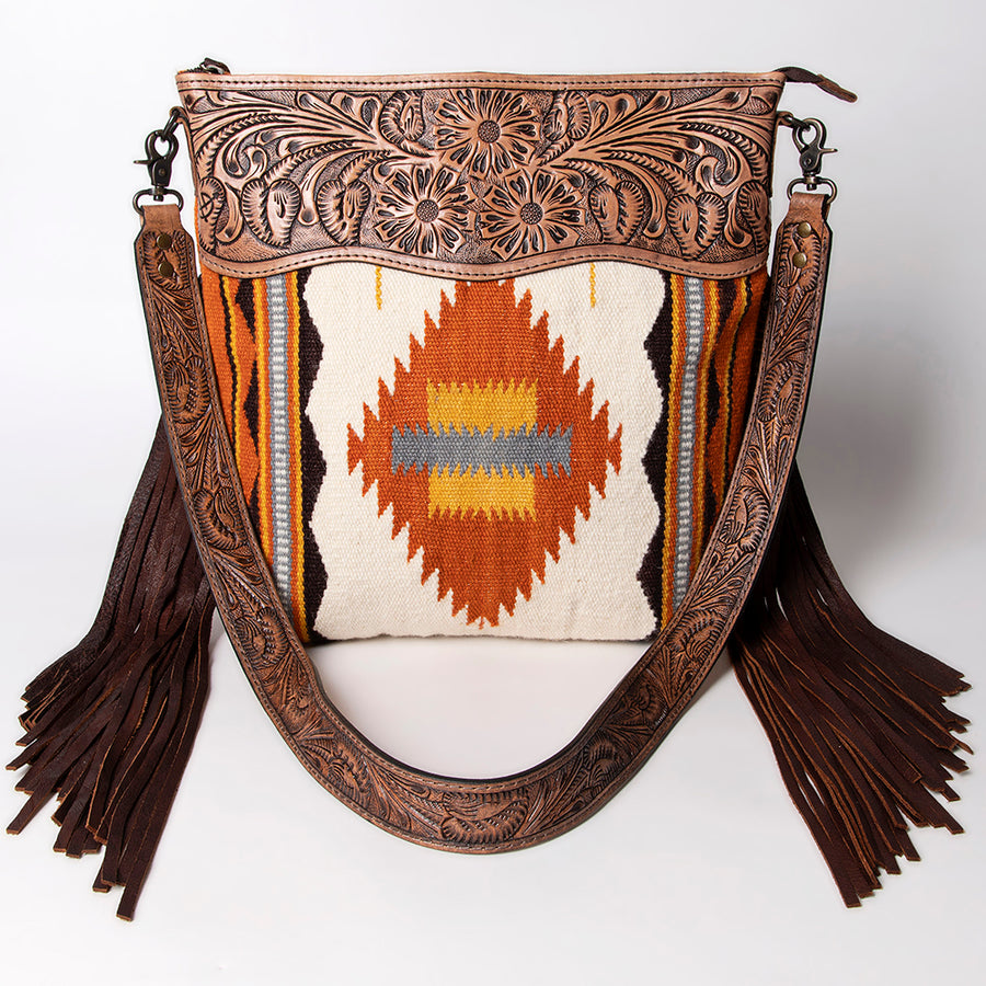American Darling Signature Cross Body Bag Hand Tooled Floral Carved Leather Woven Saddle Blanket Fringes Genuine Leather