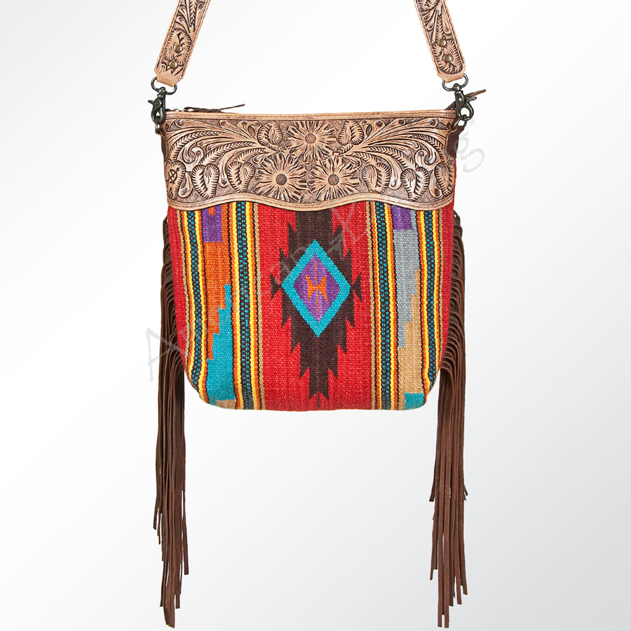 American Darling Signature Cross Body Bag Hand Tooled Floral Carved Leather Woven Saddle Blanket Fringes Genuine Leather