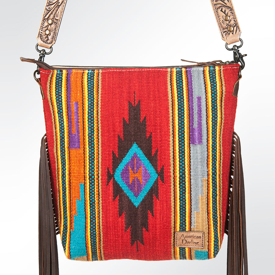 American Darling Signature Cross Body Bag Hand Tooled Floral Carved Leather Woven Saddle Blanket Fringes Genuine Leather