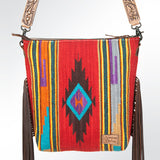 American Darling Signature Cross Body Bag Hand Tooled Floral Carved Leather Woven Saddle Blanket Fringes Genuine Leather