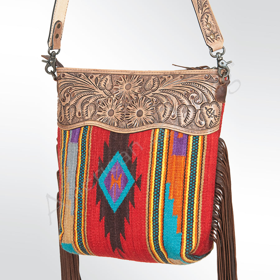 American Darling Hand Tooled Floral and Hand Woven Saddle Blanket Large Cross Body Bag - Uhorse